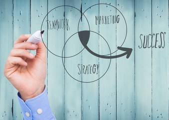 Hand writing ven diagram doodles against blue wood panel