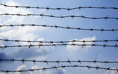 Barbed wire fence against blue sky and cloud