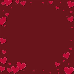 Red stitched paper hearts. Corner frame on wine red background. Vector illustration.