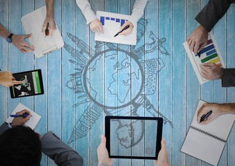 Overhead of business team with wood panel and earth doodle