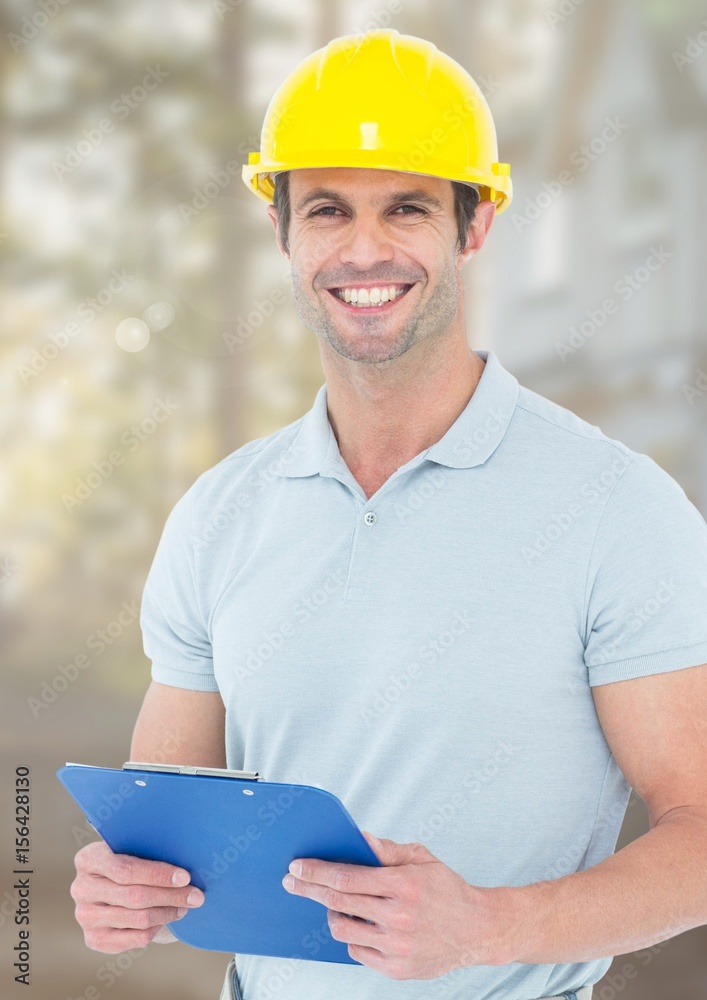 Poster Construction Worker with chart in front of construction site