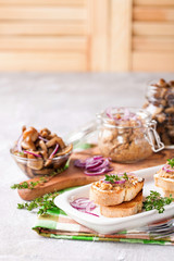 Bruschetta with mushroom caviar. Mushrooms. Selective focus. Copy space for text