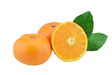 Orange fruit with half and leaves isolated on white background