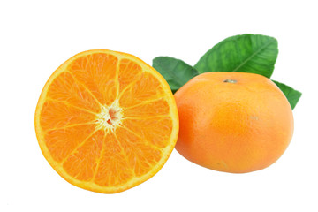 Orange fruit with half and leaves isolated on white background