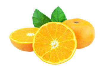 Orange fruit with half and leaves isolated on white background