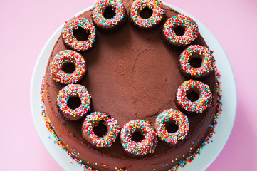 Rich chocolate birthday cake with colorful confetti and  baked chocolate doughnuts served on a white plate over pink background.