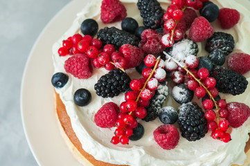 Close up of fluffy Japanese cotton cheesecake with wipped cream cheese frosting and garnished with forest berries served on a plate over white background.