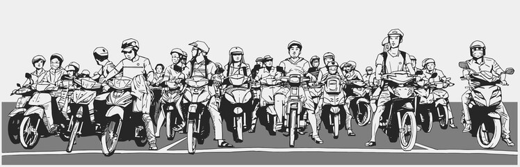 Illustration of asian rush hour traffic with motorbikes and mopeds