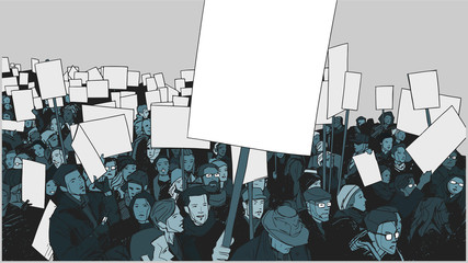 Illustration of protesting crowd with blank signs and banners - obrazy, fototapety, plakaty