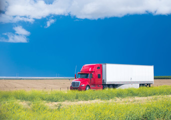 Red Semi Truck on the road in the middle of the field © vit