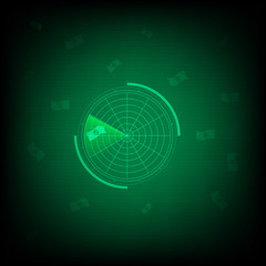 radar green screen display scanning dollar banknote symbol