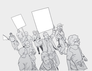 Illustration of mixed ethnic crowd protesting against police brutality with blank signs in high detail