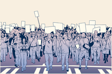 Illustration of peaceful crowd protest with blank signs in high detail
