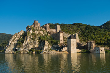 Fototapeta na wymiar Golubac fortress view from a ship at Danube river in Serbia
