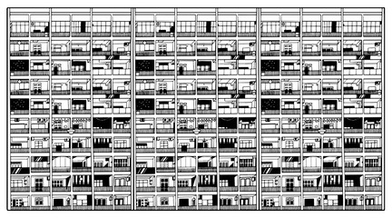 Illustration of asian residential and comercial building in black and white