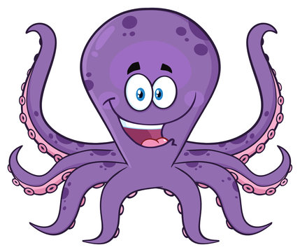 Happy Purple Octopus Cartoon Mascot Character. Illustration Isolated On White Background