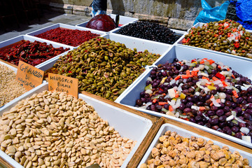Almonds, pickles, vegetables, chillies, market of Ortigia, Syracuse