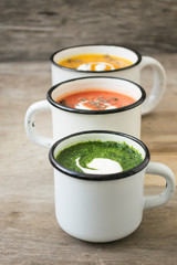 Homemade vegetarian soup made from fresh spinach  pumpkin  tomatoes poured into a white mug