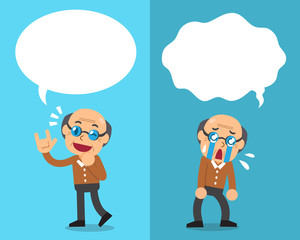 Cartoon senior man expressing different emotions with white speech bubbles
