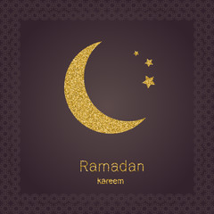 Obraz na płótnie Canvas Ramadan Kerim, Arabic background with gold glitter moon. Template design for greeting card, banner, poster, invitation. Vector illustration.