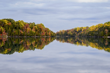 Overcast day at the lake in autumn