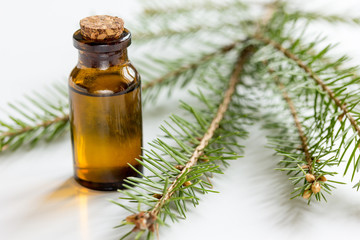 Bottles of essential oil and fir branches for aromatherapy and spa on white table background