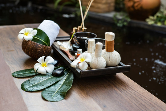 Spa massage compress balls, herbal ball and treatment spa, Thailand, select focus © tonjung