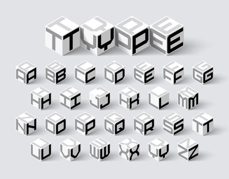 Cube shape 3d isometric font, three-dimentional alphabet letters