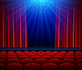 Empty theater stage with red opening curtain, spotlight and seats. Poster background for concert, party, theater or dance show