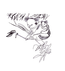 Illustration silhouette sketching koala and her baby in the form of drawn ink circuit