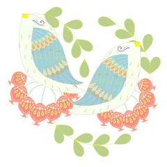 Colorful pair loving birds on white for print, for decorated, for wedding stock vector illustration