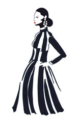 Illustration of female silhouette in a long dress of black and white stripes