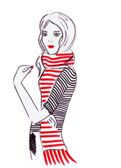 Illustration sketching a portrait of a woman in a striped blouse and red striped scarf