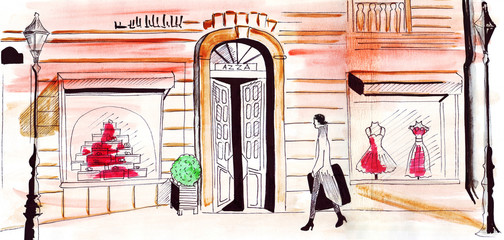 Illustration sketch street with fashion stores and a woman customer going shopping