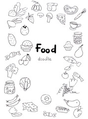 Illustration doodle food in the form of a set of contours of vegetables, fruits, berries and types of food