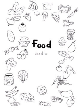Illustration doodle food in the form of a set of contours of vegetables, fruits, berries and types of food