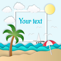 Fototapeta na wymiar Vector illustration of the sea, sun and palm on the beach. Paper art style. Summer card