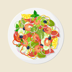 Bowl of salad with vegetables and prawns. Vector illustration.