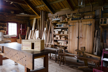 Old carpenters shop with the workpiece and tools