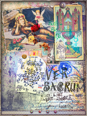 Fototapeta na wymiar Fortune telling.Esoteric and astrologyc manuscript with sketches,draws and scraps