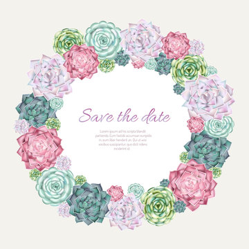 Succulent wreath background. Save the date card.
