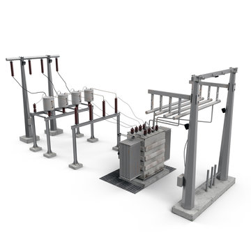 Electric power equipment in a substation on white. 3D illustration