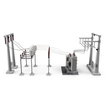 Electric power equipment in a substation on white. Side view. 3D illustration
