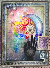 Foto auf Acrylglas Graffiti-Hintergrund mit esoterischen Zeichen, alten Briefmarken und Sternenmond © Rosario Rizzo