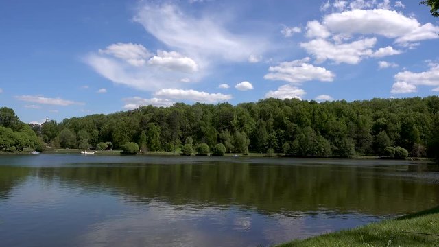 Beautiful pond in the park. Sredniy Tsaritsynskiy prud. Tsaritsyno Park, Moscow, Russia. 4k real time video
