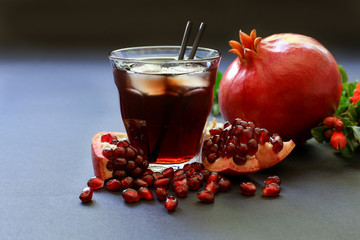 Pomegranate juice, fruit, seeds, branches.