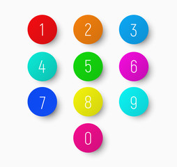 set of numbers from 1 to 9 on a round multicolored button with a shadow.