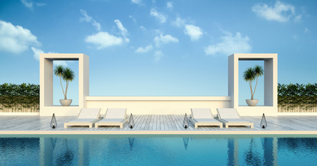 Beach living , sun loungers on Pool terrace  at luxury villa  /3d rendering