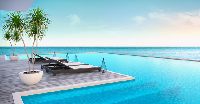 Beach lounge ,sun loungers on Sunbathing deck and private swimming pool with  panoramic sea view at luxury villa/3d rendering