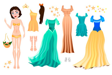 Fototapeta na wymiar Paper Doll with different princess dresses. Princess going to the ball. Body template.